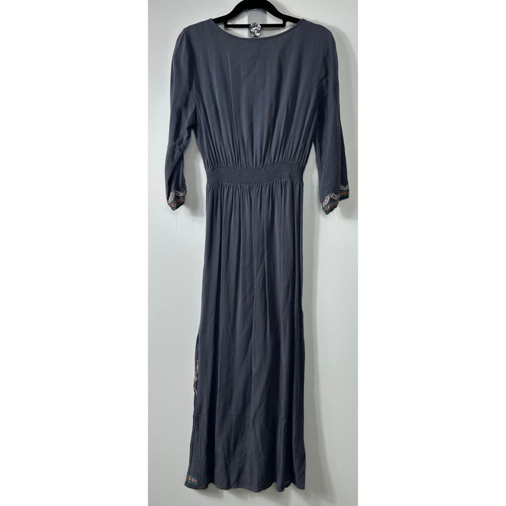 Grey Embroidered Maxi Dress M Smocked Waist Peachpuff Double Leg Slits Boho D55 - Picture 5 of 8